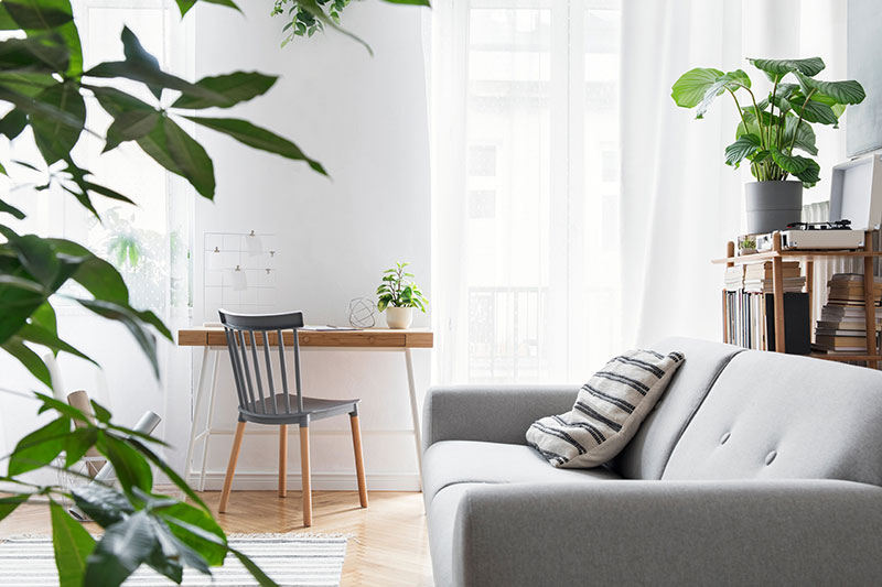 Moderne helle Wohnung mit grauem Sofa