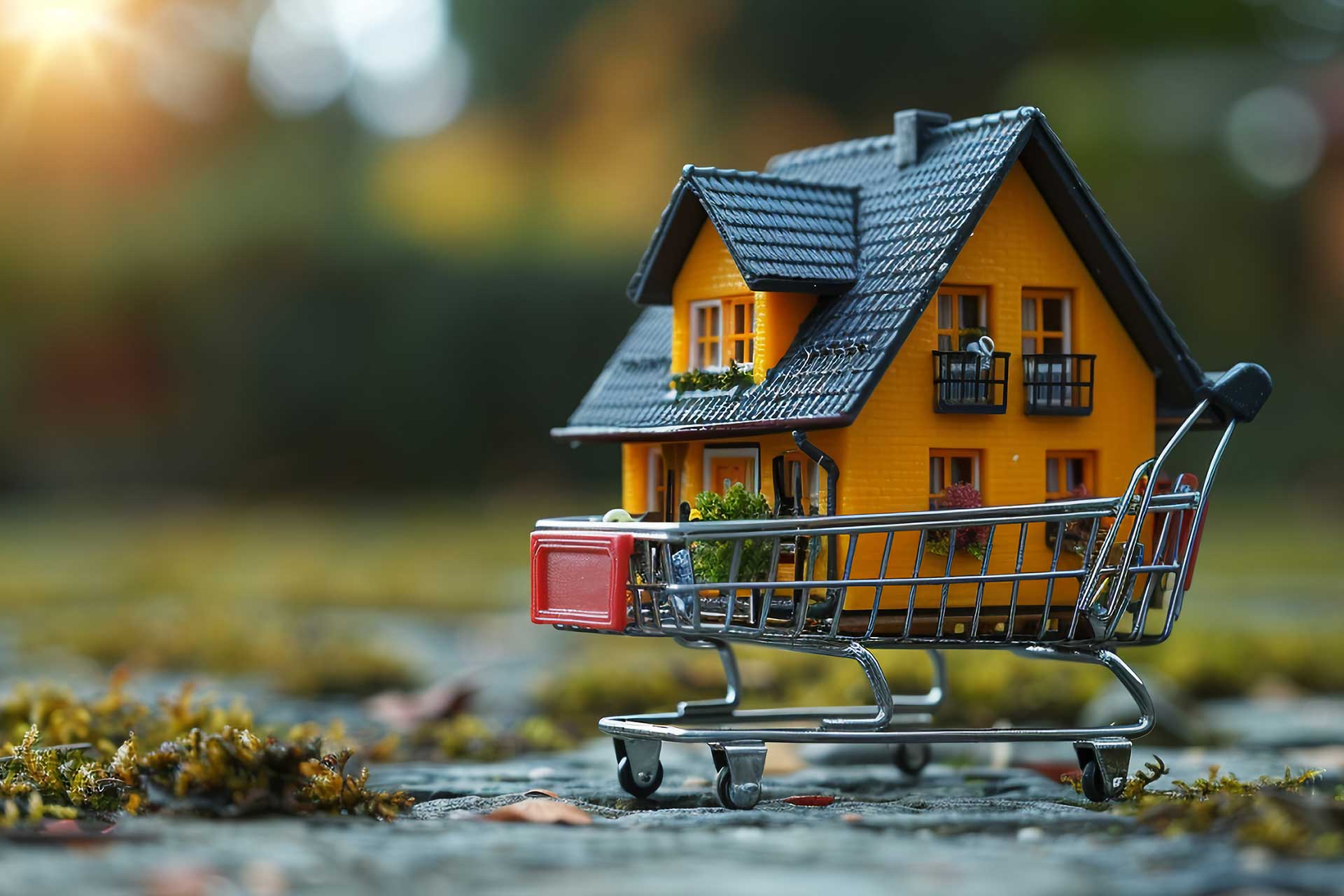 Mini Modellhaus in einem Einkaufswagen als Symbol für aktuelle Immobilienpreise